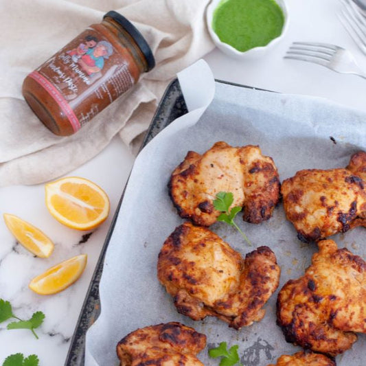 Baked tandoori chicken thighs marinated in Dolly Mumma Tandoori Paste and yoghurt